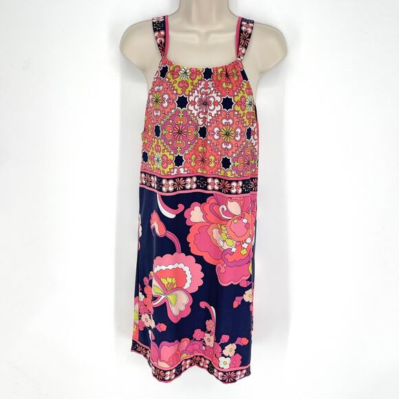 Trina Turk Floral Halter Mini Dress Sz 4 Lined Pink Navy Peach Retro Stretch - Picture 1 of 11